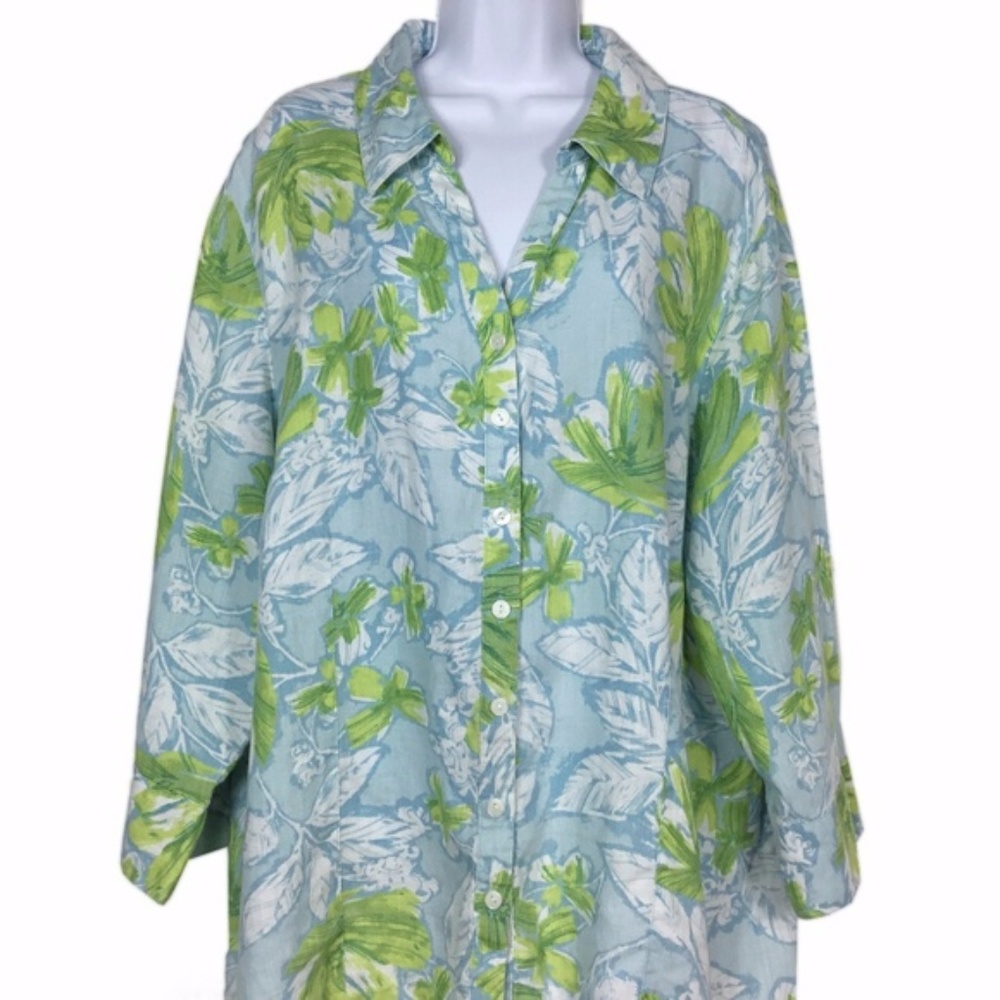 Blue Green Linen Tropical Print Top Blouse Sz 22W